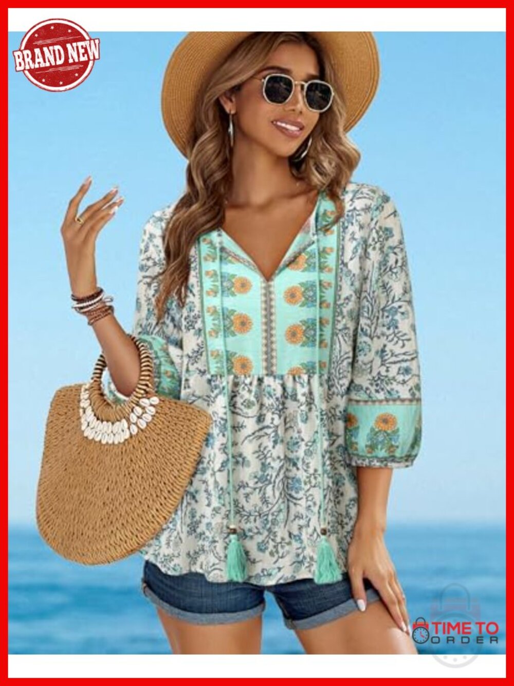 Boho Babydoll Peplum Tunic 3/4 Lantern Sleeve V-Neck Tie Front Floral Blouse - Picture 3 of 6